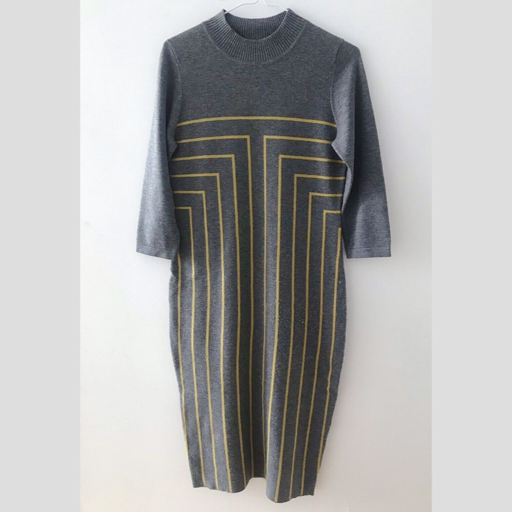 Long grey yellow sweater dress